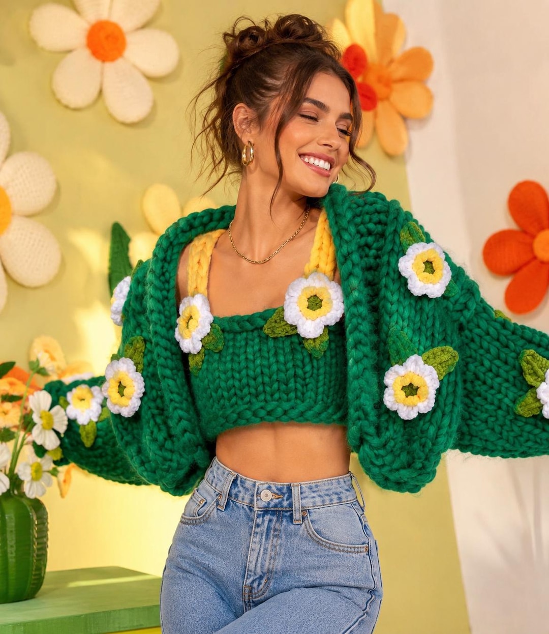 Handmade Chunky Floral Cardigan, Oversized Dark Green Knit