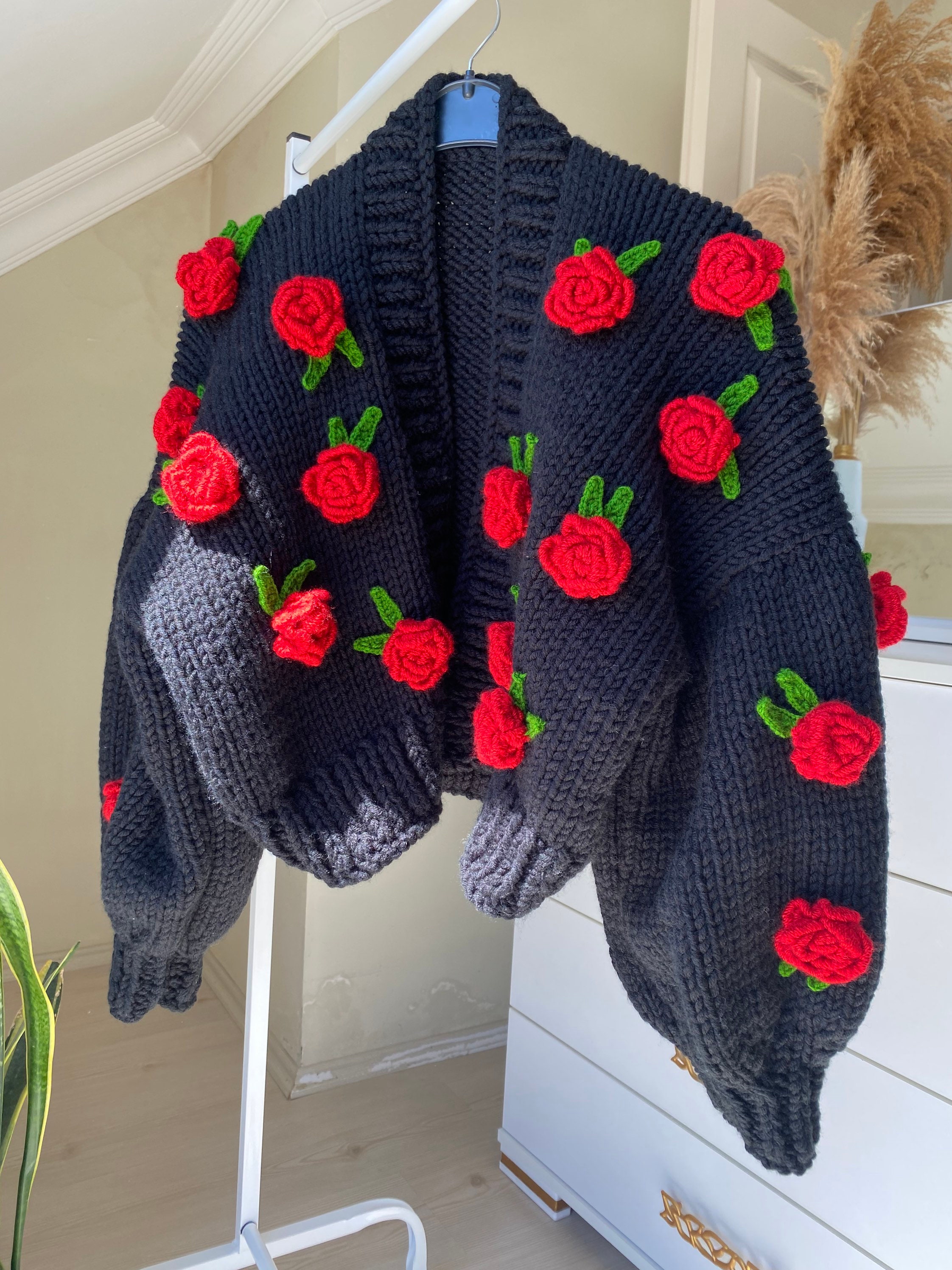 Leilayca Black Oversize Cardigan With Red Roses,handmade Floral