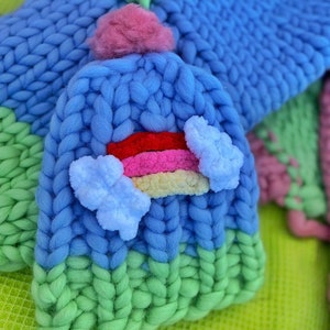 Multicolor Cloudy beanie, rainbow embroidered,winter beanie with pompom,chunky wool hat for girls,outfit hats ,cool beanies,funny beanies,