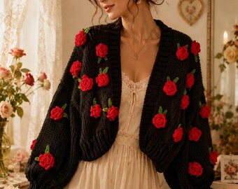 Leilayca Black Oversize Cardigan With Red Roses,handmade Floral