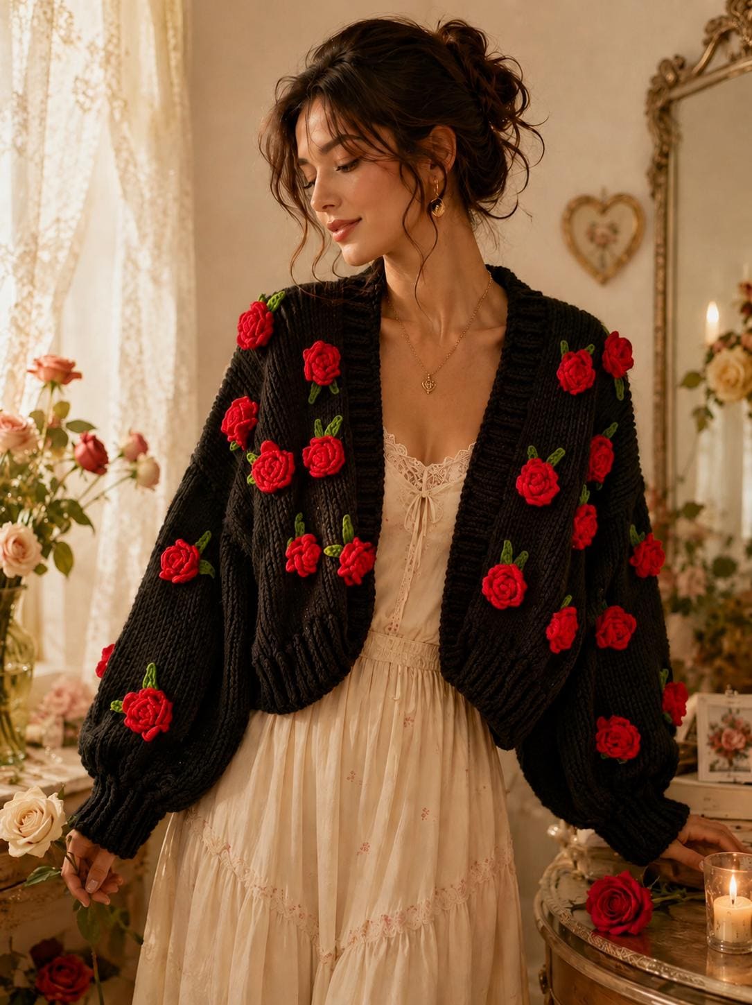 Leilayca Black Oversize Cardigan With Red Roses,handmade Floral