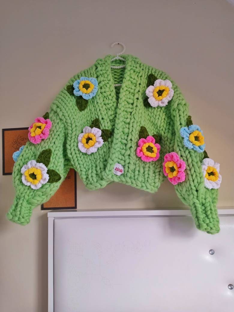 Leilayca , Green Lotus Blossom, 3D Fluffy Cardigan, Chunky Knit