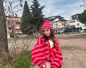 Leilayca,Pink/Red Striped Cardigan and Pink/Red beanie With pompom