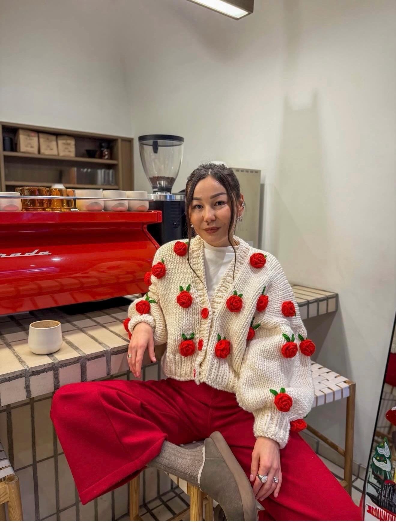 Summer Rose , Red Rose ,rose Embroidered Knit Cardigan , Woman