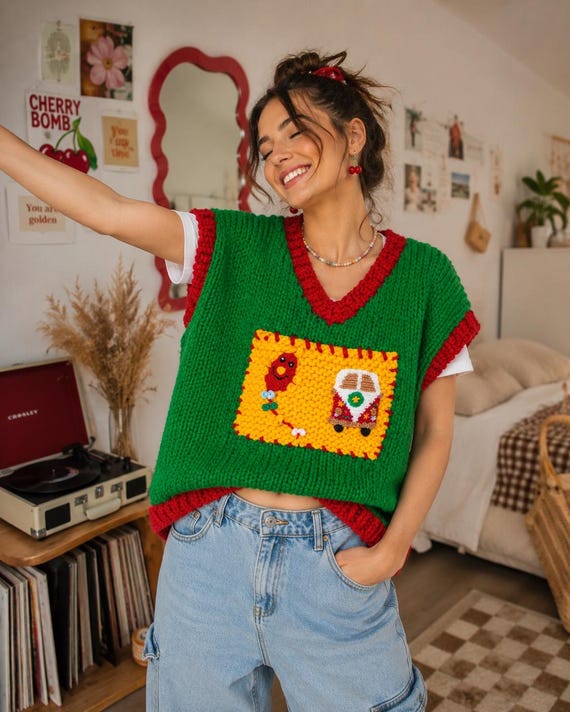 Handmade Hippie Camper Van Sweater Vest, Crochet Knit Vest, Cottagecore Sweater, Boho Oversized Vest, Whimsical Handmade Knitwear