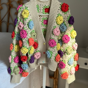 Crochet Jumbo Rose Cardigan, Pink Granny Square Cardigan Crochet Jumbo Rose Cardigan, Pink Granny Square Cardigan
