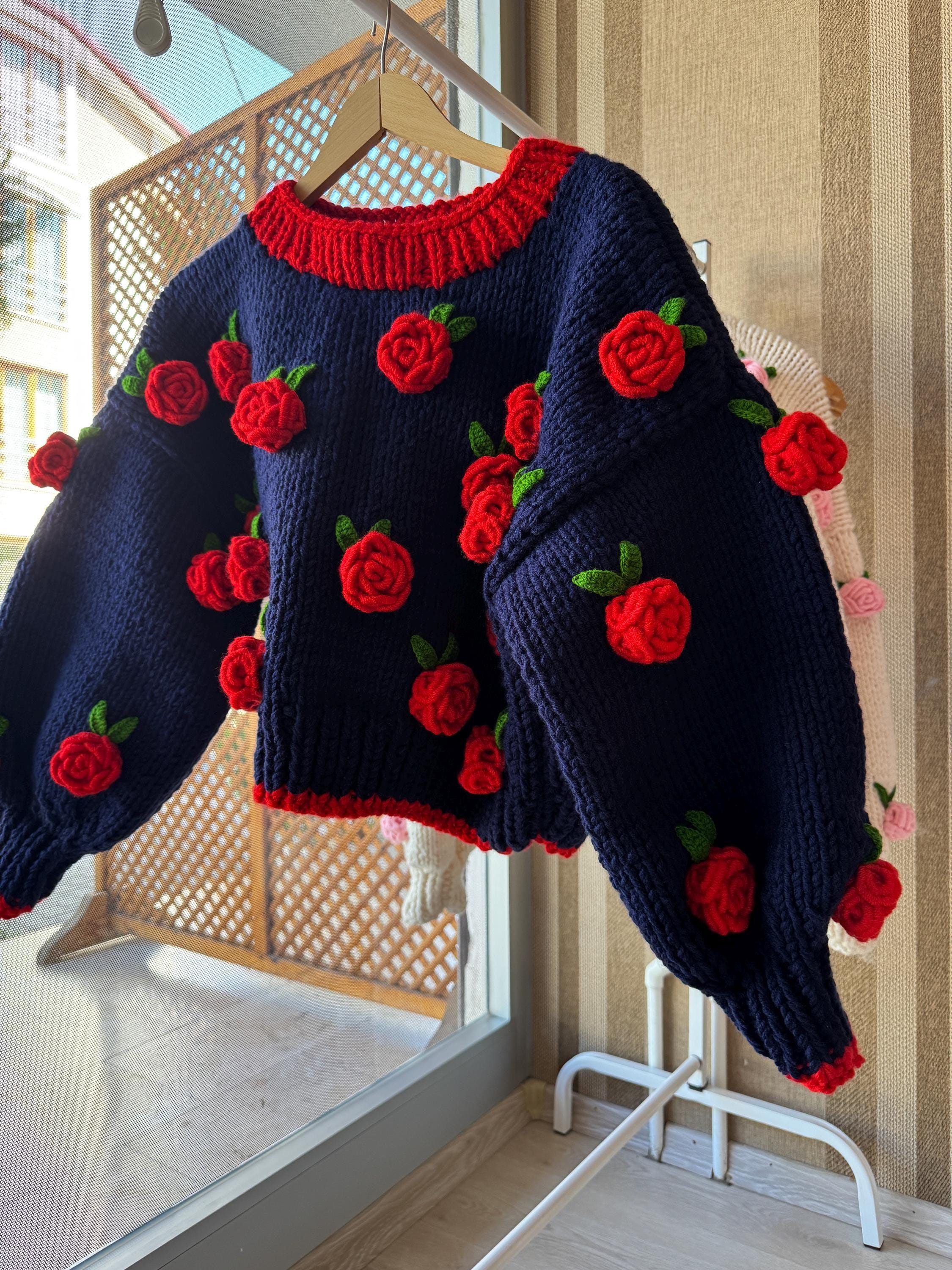 Leilayca Handmade Navy Blue Sweater With Red Roses,handmade Floral