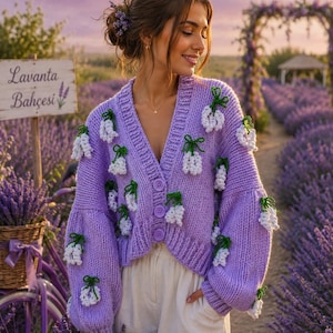 Handmade Lavender Cardigan With 3D Flowers, Chunky Knit Crop