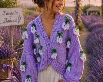 Handmade Lavender Cardigan With 3D Flowers, Chunky Knit Crop