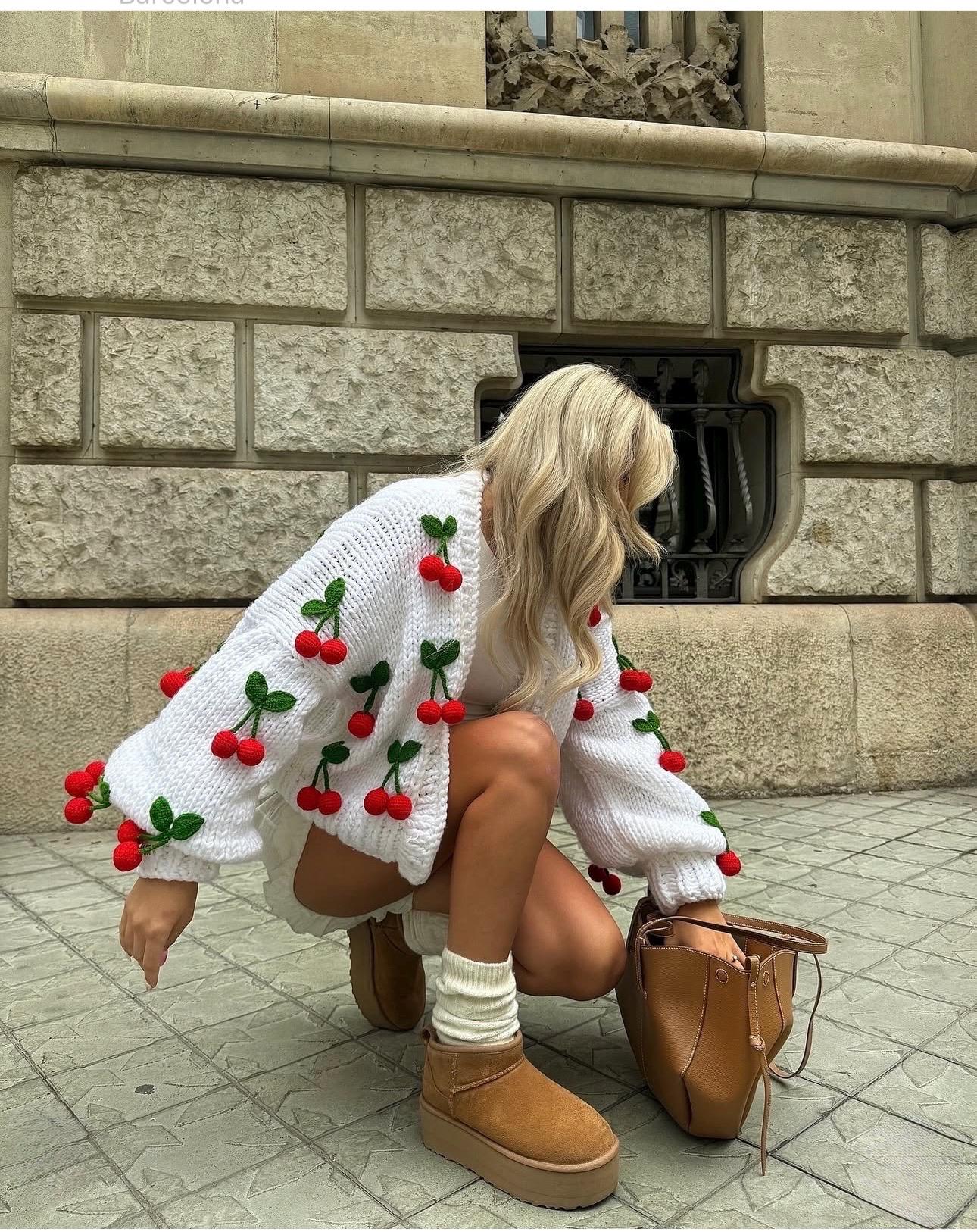 Leilayca, Cherry Cardigan , 3d Cherry Embroidered , Chunky Woman