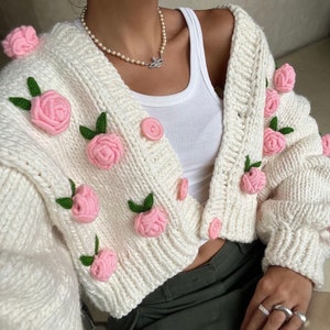 Leilayca Pink Roses Cardigan , Chunky Cropped Cardigan For Woman , White Sweater With Pink flowers , Unique gift for women , Vintage Roses image 6