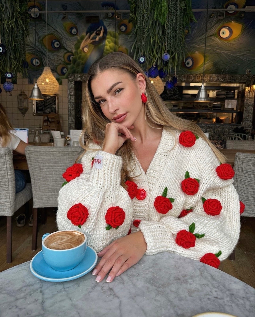 Summer Rose , Red Rose ,rose Embroidered Knit Cardigan
