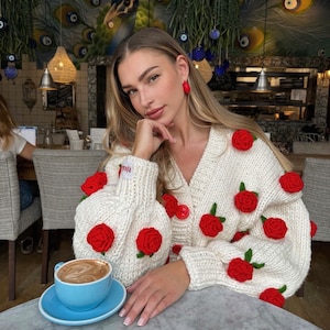 Summer Rose , Red Rose ,Rose Embroidered Knit Cardigan , Woman Knit Clothes , Crochet Jacket valentine's day gifts for her , Vintage Clothes