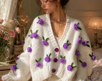 Leilayca Purple Roses Cardigan , Chunky Cropped Cardigan for Woman
