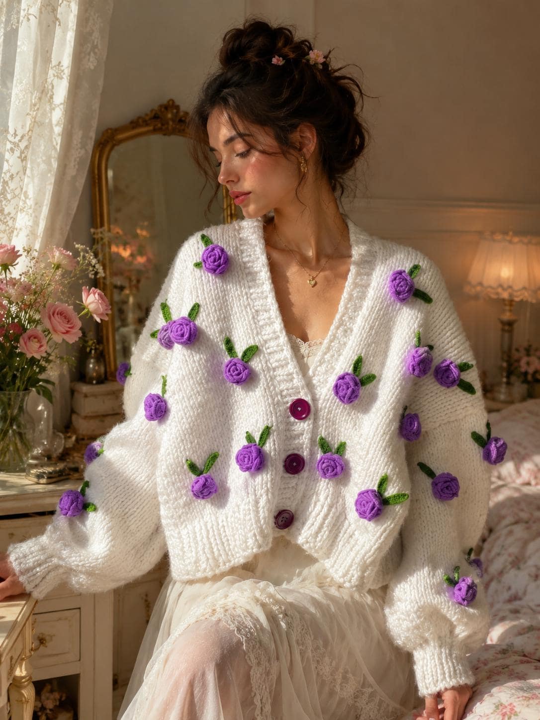 Leilayca Purple Roses Cardigan , Chunky Cropped Cardigan for Woman