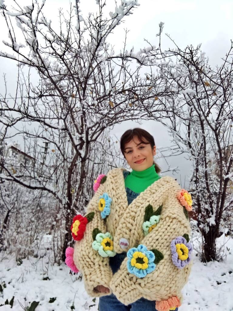 Leilayca,exotic Lotus Blossom , Chunky Knit Cardigan, Fluffy