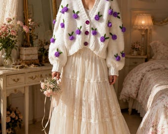 Leilayca Purple Roses Cardigan , Chunky Cropped Cardigan for Woman