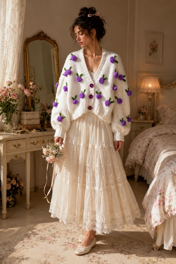 Leilayca Purple Roses Cardigan , Chunky Cropped Cardigan for Woman