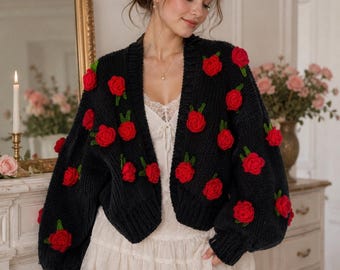 Leilayca Black Oversize Cardigan With Red Roses,handmade Floral