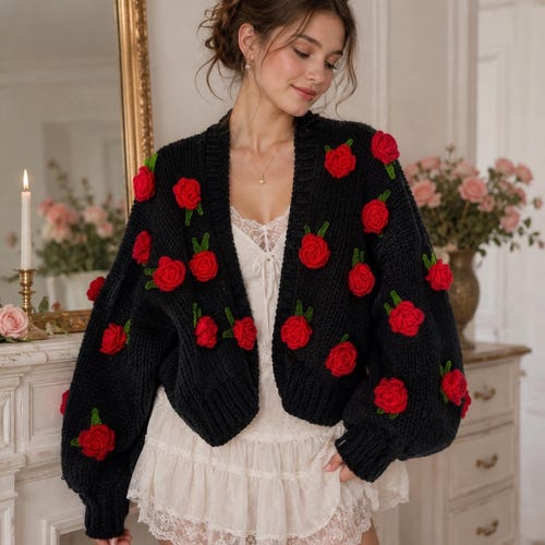 Leilayca Black Oversize Cardigan With Red Roses,handmade Floral