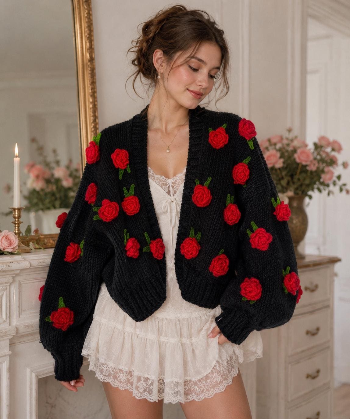 Leilayca Black Oversize Cardigan With Red Roses,handmade Floral