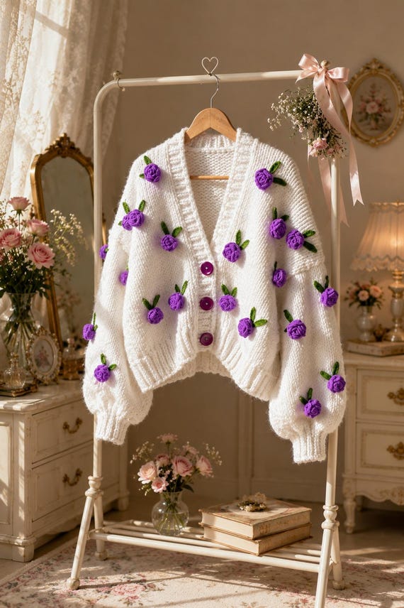 Leilayca Purple Roses Cardigan , Chunky Cropped Cardigan for Woman
