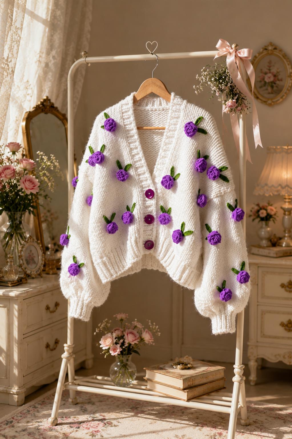 Leilayca Purple Roses Cardigan , Chunky Cropped Cardigan for Woman