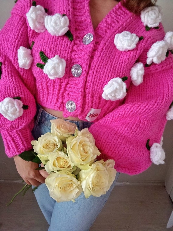 Leilayca Love Roses Vintage Valentine's Day Gift 3d Rose Embroidered Knit Chunky Cardigan for Woman , 3 Button Pink Knit Cardigan , - Etsy Leilayca Love Roses Vintage Valentine's Day Gift 3d Rose Embroidered Knit Chunky Cardigan for Woman , 3 Button Pink Knit Cardigan , - Etsy