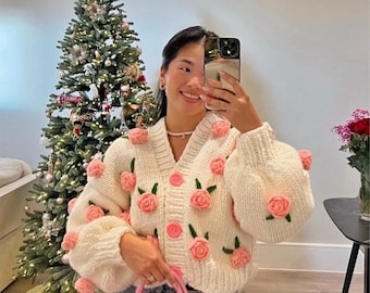 Leilayca White,with Pink Rose Bridal Cardigan,handmade Floral Knit