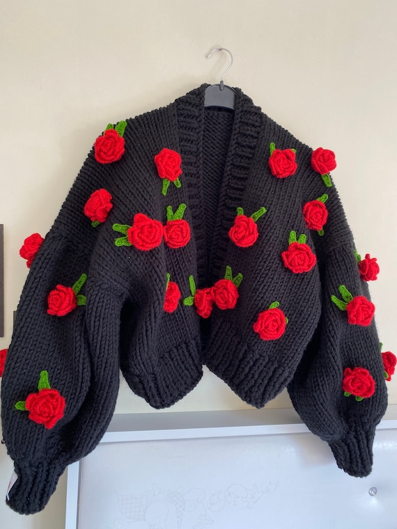 Leilayca Black Oversize Cardigan With Red Roses,handmade Floral