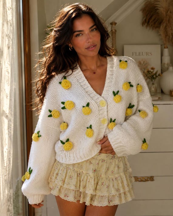 トップス FAF/FAKE AS FLOWERS KNIT CARDIGAN Handmade Yellow Rose Cardigan, Chunky Knit Floral Cardigan