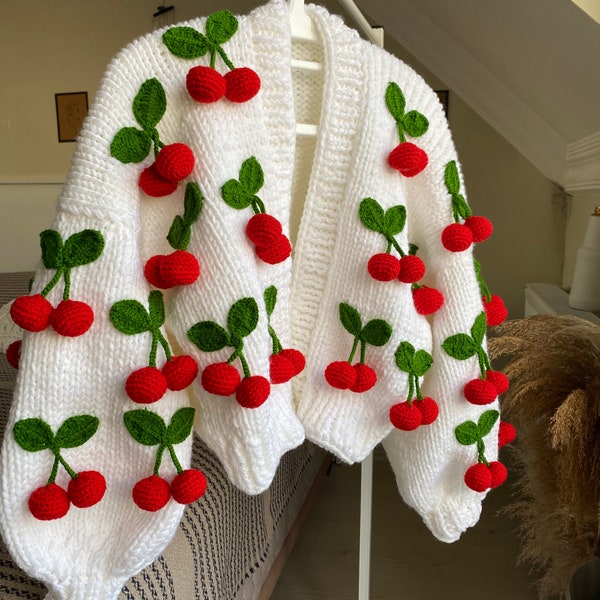 Leilayca, Cherry Cardigan , 3d Cherry embroidered , chunky woman cardigan , Cherry Sweater ,  christmas gifts , Cherry crochet pattern ,