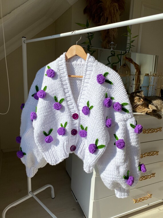Leilayca Purple Roses Cardigan , Chunky Cropped Cardigan for