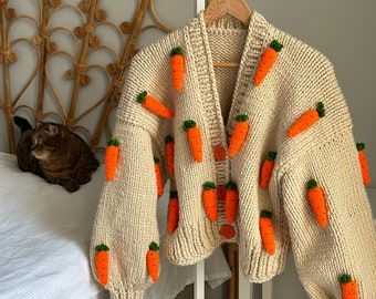 Leilayca Carrot Cardigan,3d Fruit Embroidered Cardigan , Orange