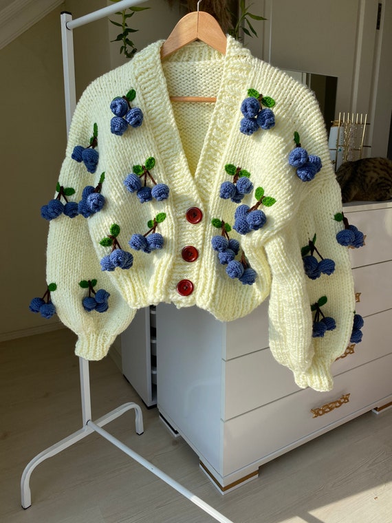 Leilayca Blueberry Knit Cardigan , Chunky Cropped Cardigan for