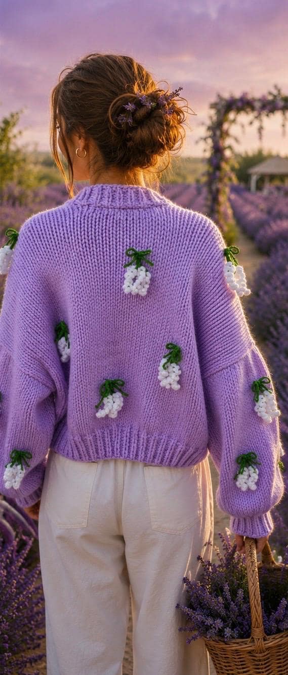 Handmade Lavender Cardigan With 3D Flowers, Chunky Knit Crop