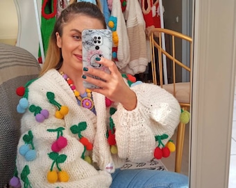 Leilayca Candy cardigan , Crop Cherry cardigan ,3d Cherry embroidered chunky sweater , Oversize Knit Sweater , Chunky cardigan , unique gift
