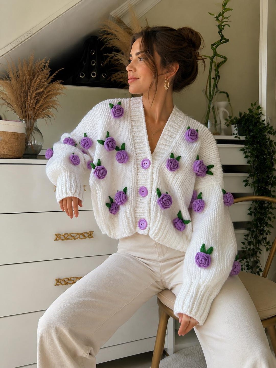 Handmade Lavender Rose Cardigan, Chunky Knit Flower Sweater