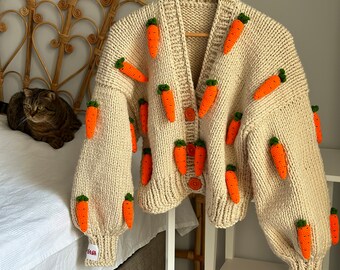 Handmade Carrot Cardigan, Oversized Chunky Knit Sweater