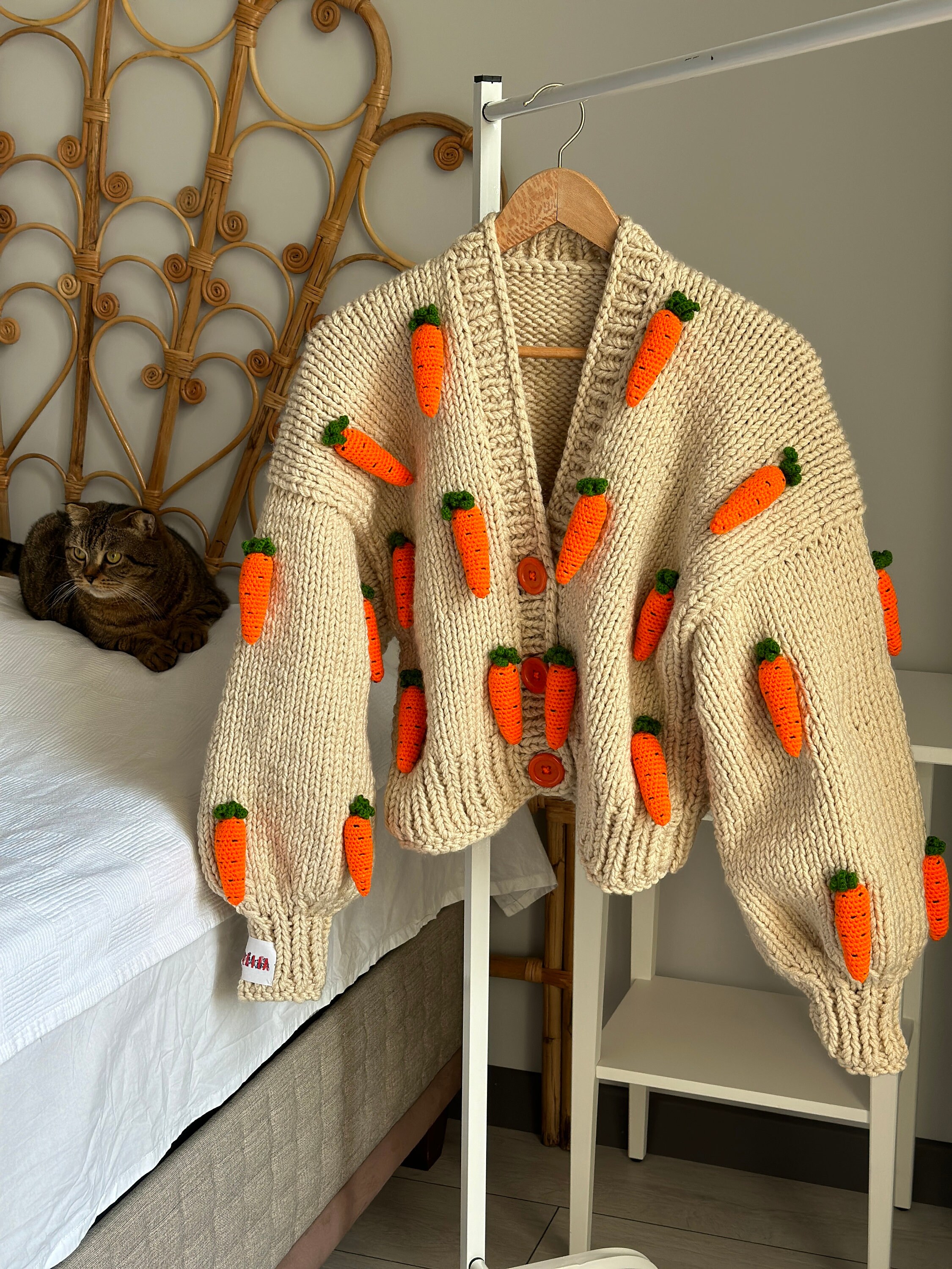 Leilayca Carrot Cardigan,3d Fruit Embroidered Cardigan , Orange