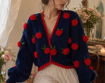 Navy Rose Cardigan, Handmade Chunky Knit Cardigan, Romantic Floral Sweater, Cottagecore Knitwear, Oversized Crochet Cardigan