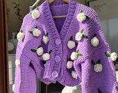 Lilac/ecru Roses Chunky Cropped Cardigan for Woman , Lilac Sweater