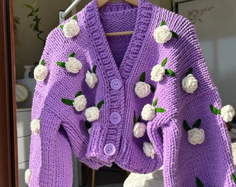 Lilac/Ecru Roses Chunky Cropped Cardigan For Woman , Lilac Sweater With Ecru flowers , Unique gift for women ,Aesthetic, mother’s day gift