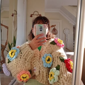 Leilayca,Exotic Lotus Blossom , Chunky Knit Cardigan, fluffy Cardigan, 3d fluffy knit jacket ,unique, Multicolored Floral Sweater for woman