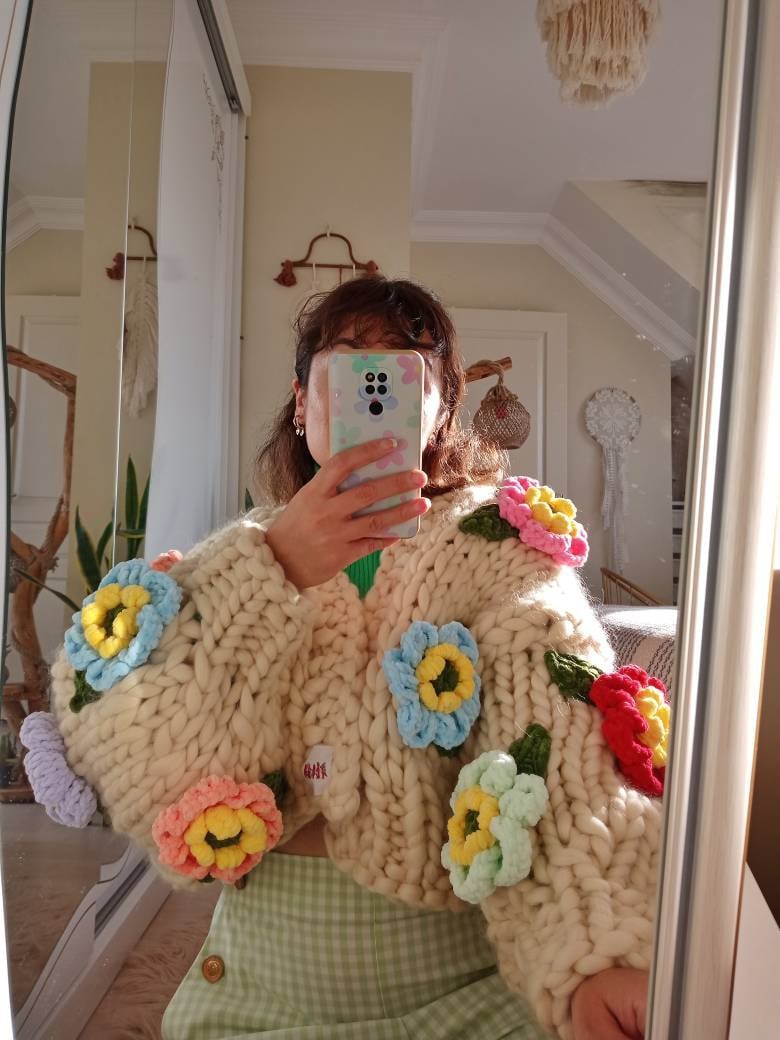 Leilayca,exotic Lotus Blossom , Chunky Knit Cardigan, Fluffy