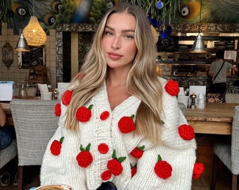 Summer Rose , Red Rose ,rose Embroidered Knit Cardigan , Woman