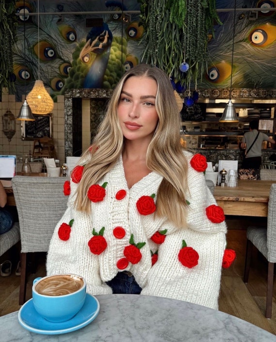 Summer Rose , Red Rose ,rose Embroidered Knit Cardigan