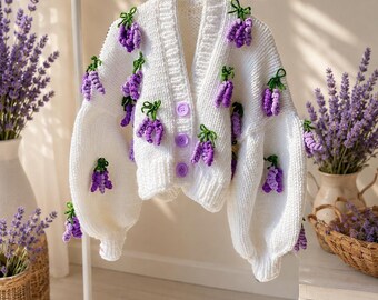Handmade Lavender Flower Cardigan, Chunky Knit Crop Cardigan