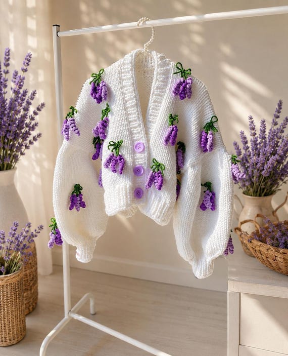 Handmade Lavender Flower Cardigan, Chunky Knit Crop Cardigan