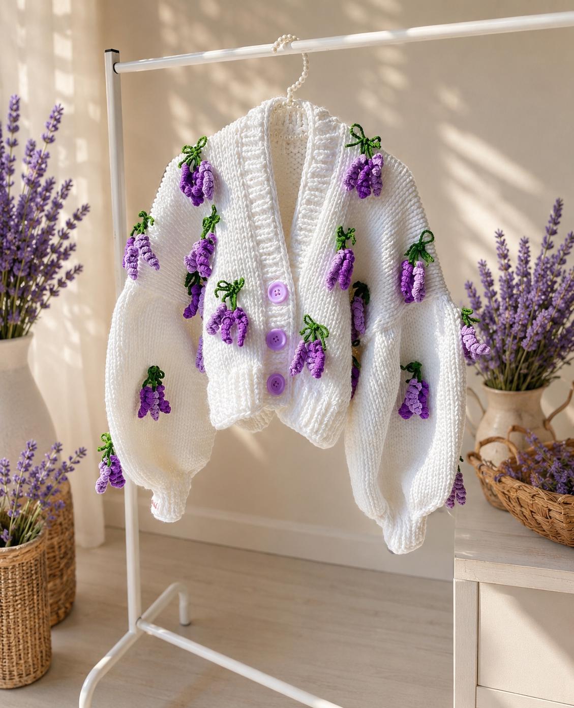 Handmade Lavender Flower Cardigan, Chunky Knit Crop Cardigan